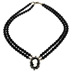 Vintage Sterling Silver Mother of Pearl and Onyx Cameo on Double-Strand Bead Necklace