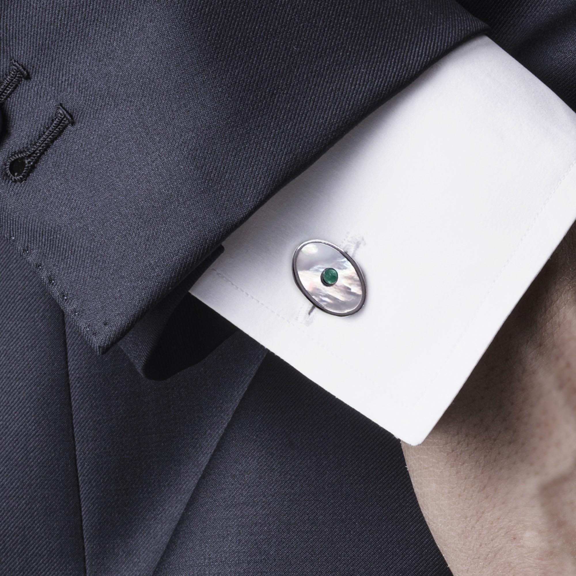 Sterling Silber Perlmutt Smaragd Oval Manschettenknöpfe im Zustand „Neu“ im Angebot in Torino, Piedmont