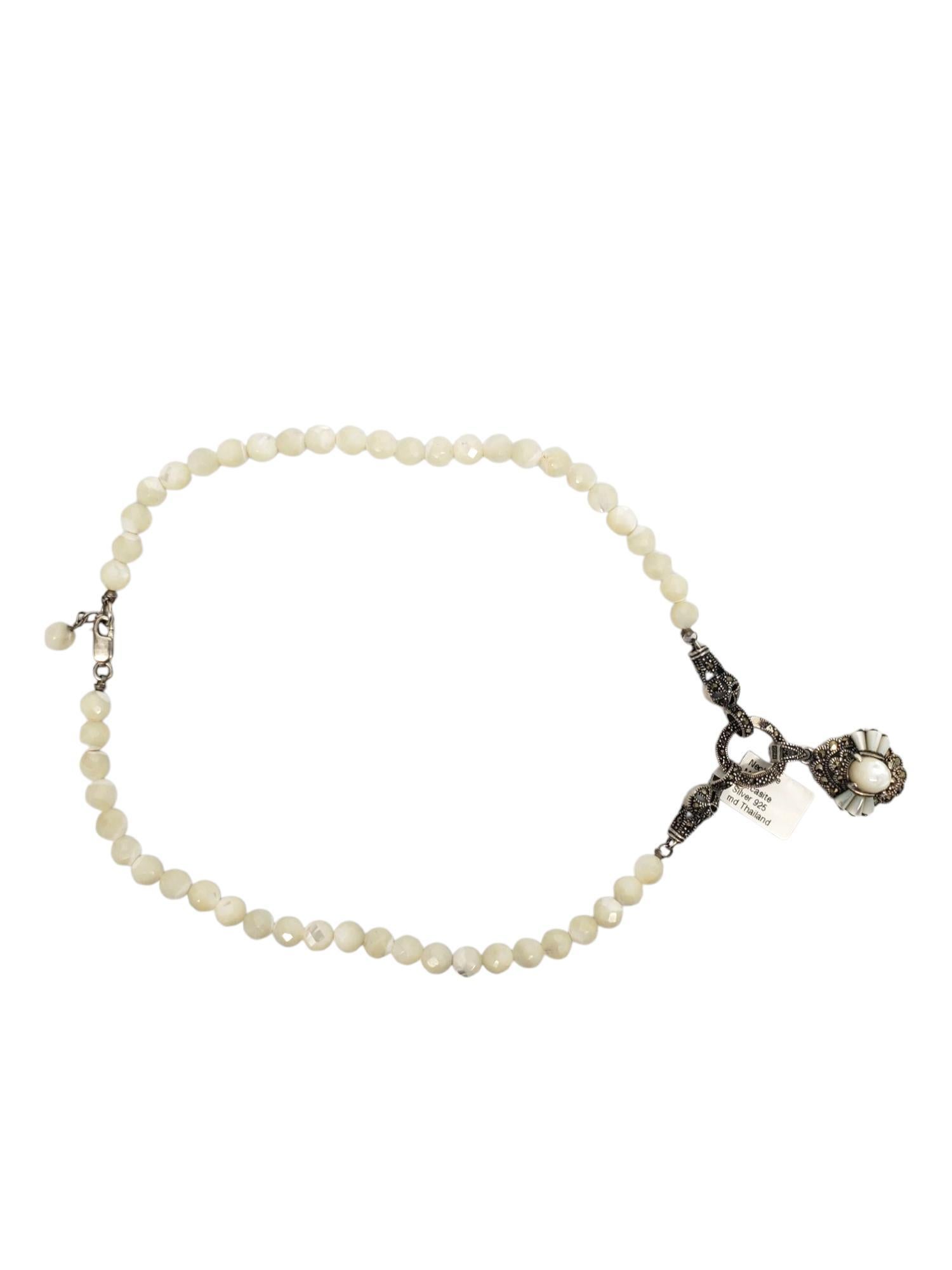 Sterling Silver Mother of Pearl & Marcasite Pendant Necklace #21283 In Good Condition In Washington Depot, CT