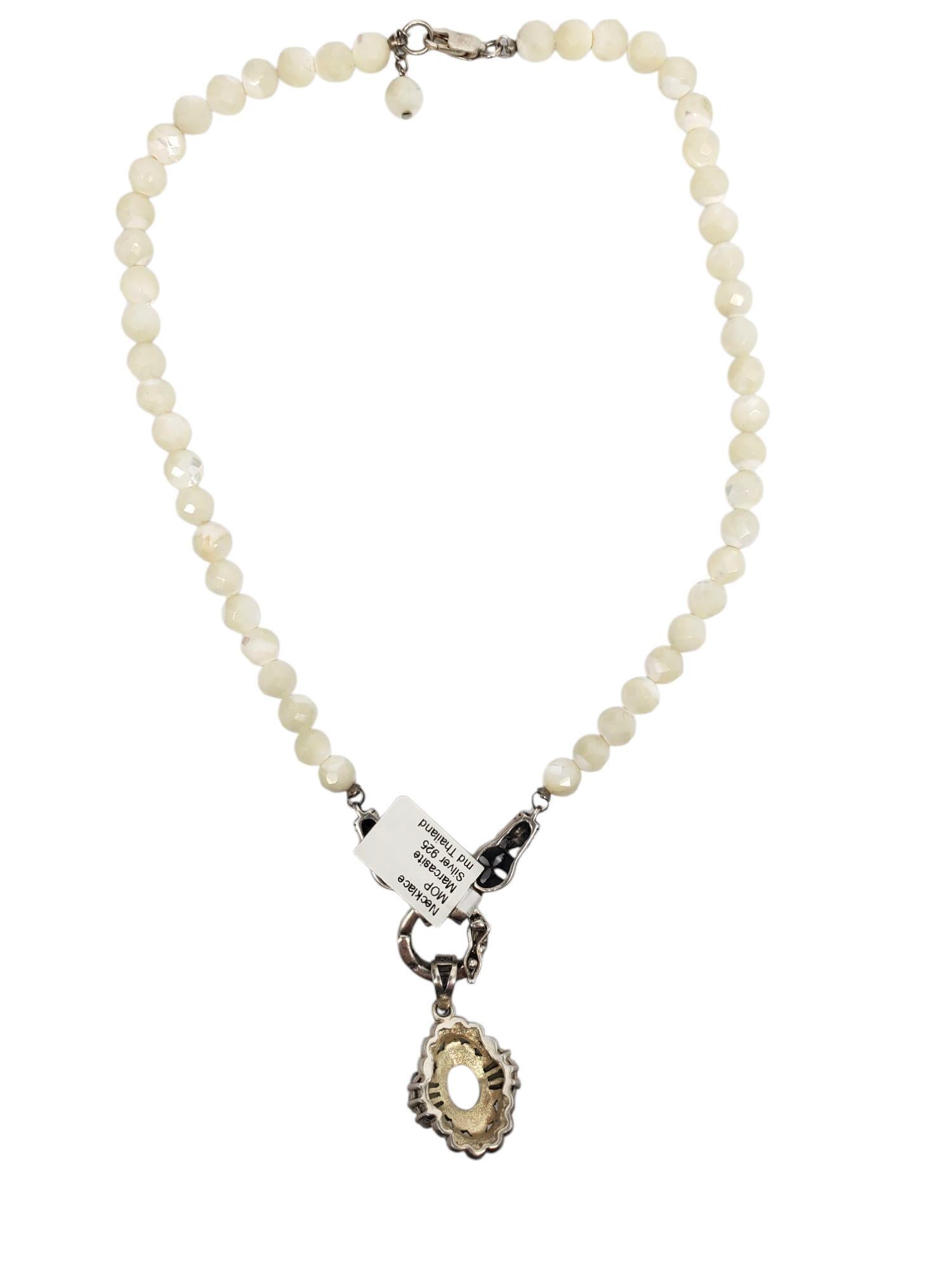 Women's Sterling Silver Mother of Pearl & Marcasite Pendant Necklace #21283