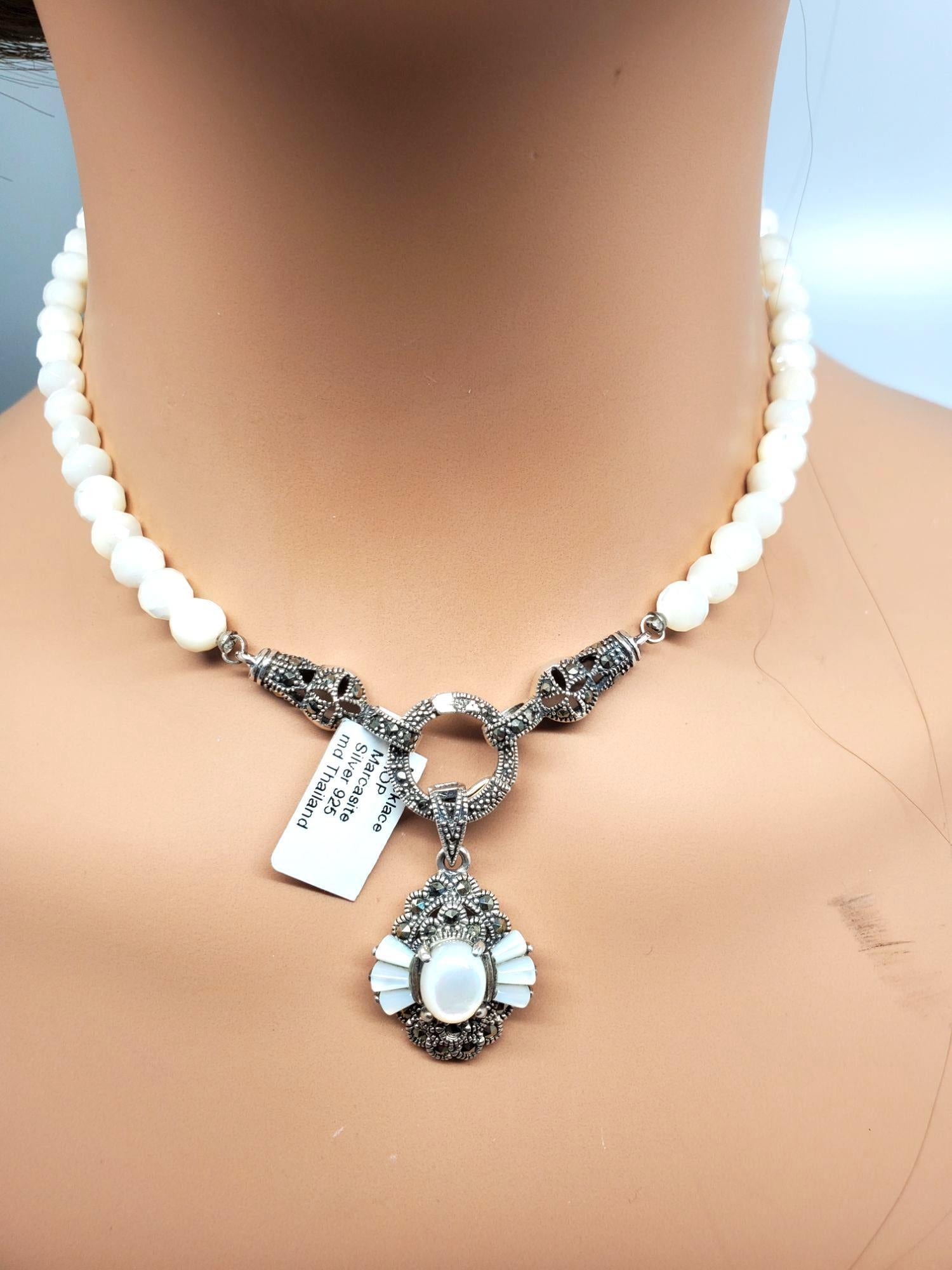 Sterling Silver Mother of Pearl & Marcasite Pendant Necklace #21283 4