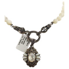 Sterling Silver Mother of Pearl & Marcasite Pendant Necklace #21283