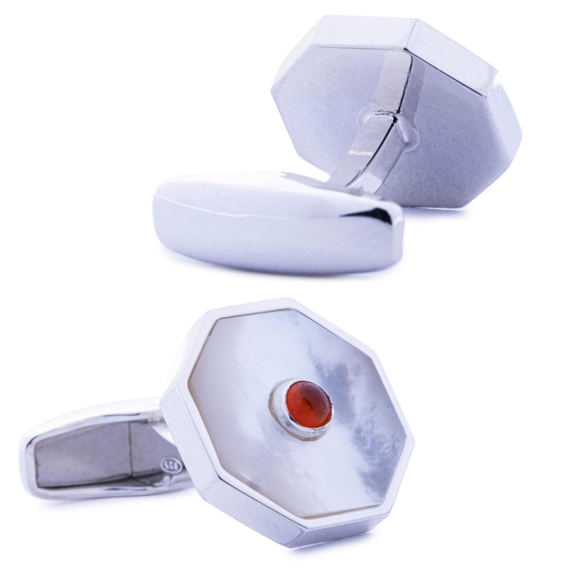 Mixed Cut Sterling Silver Mother-of-Pearl Ruby Octagonal Cufflinks For Sale
