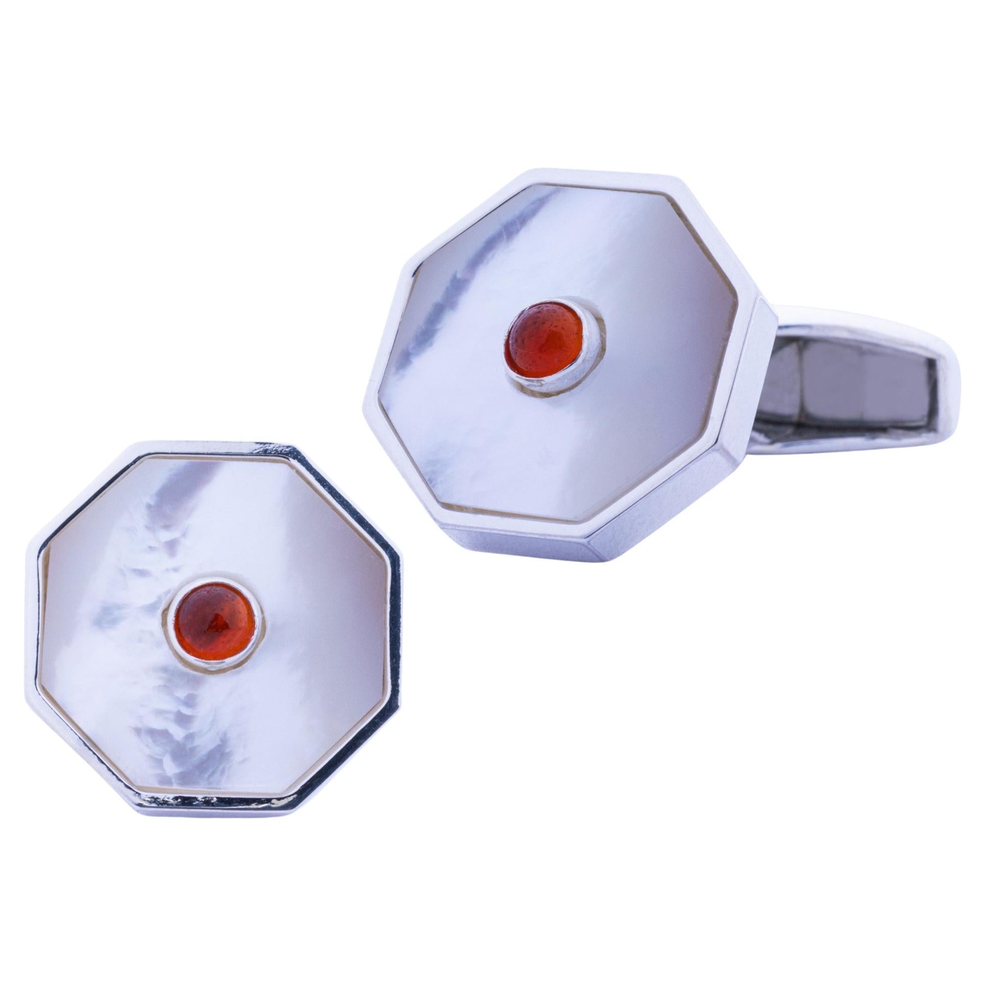 Sterling Silver Mother-of-Pearl Ruby Octagonal Cufflinks For Sale