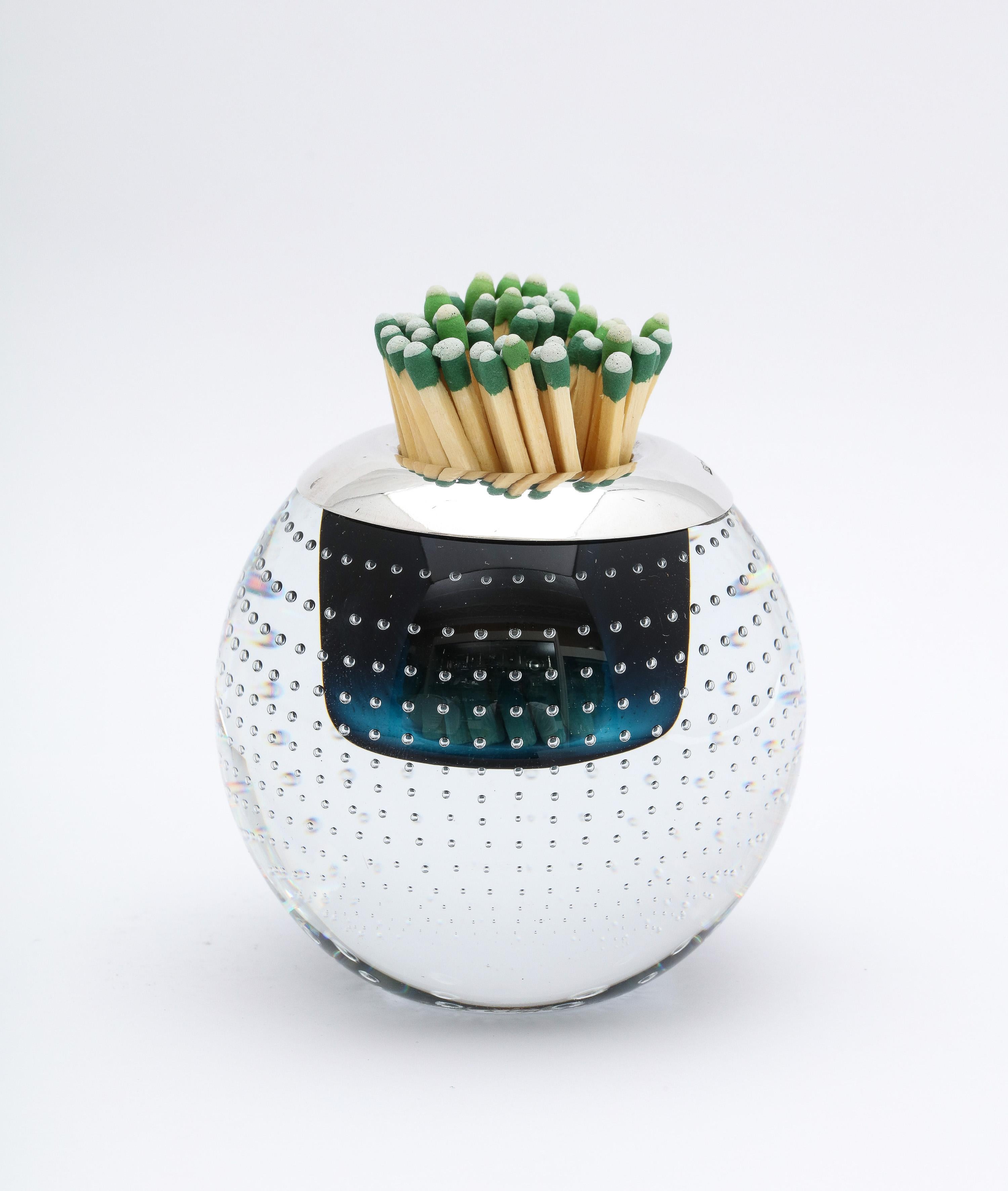 Contemporary Sterling Silver-Mounted Hand Blown Controlled Bubbles Crystal Match Holder For Sale