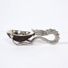 Sterling Silver Mounted Sea Serpent Handled Bowl On Carved Coconut Lilly Pad