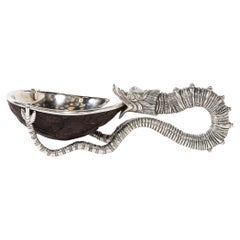 Sterling Silver Mounted Sea Serpent Handled Bowl On Carved Coconut Lilly Pad