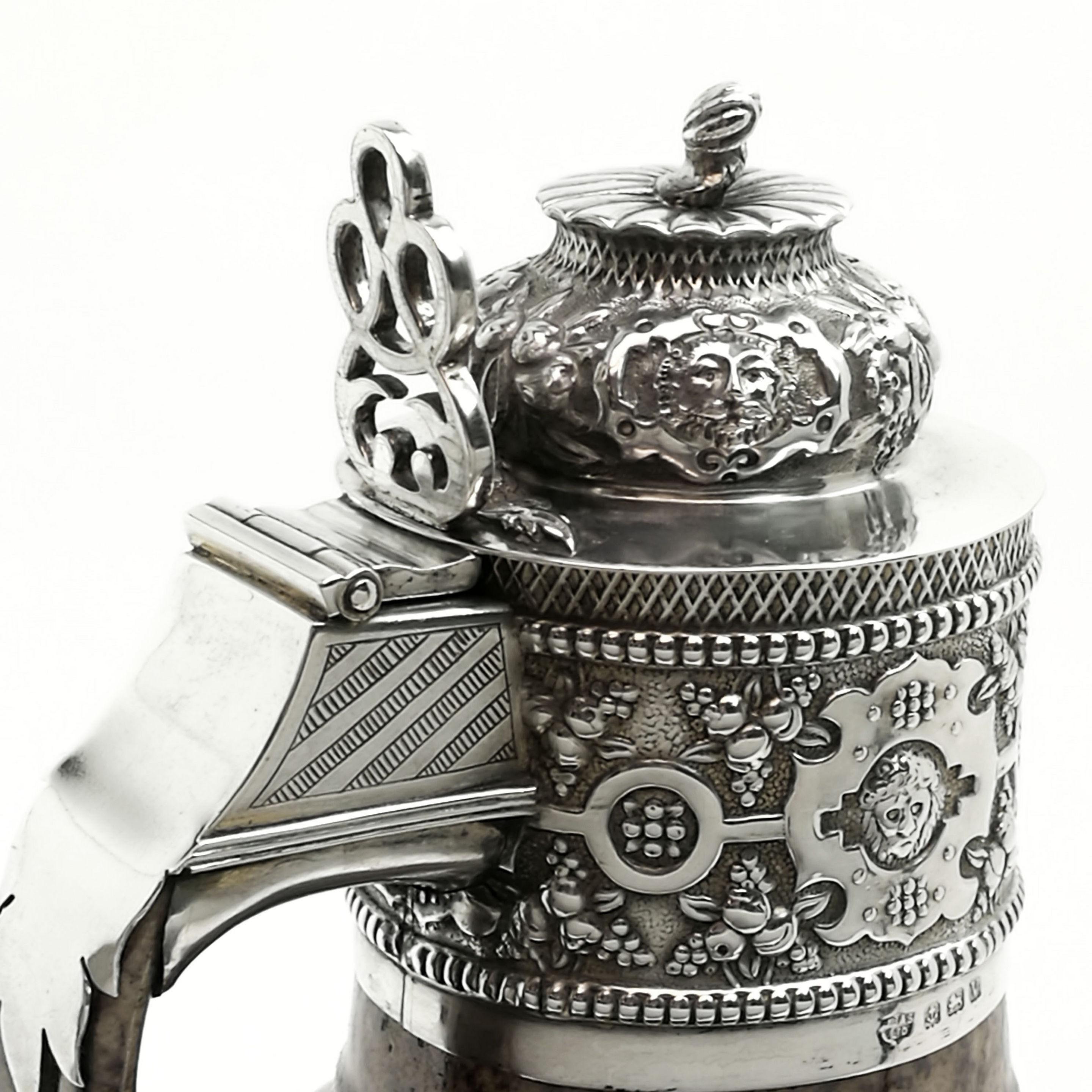 Sterling Silver Mounted Tigerware Jug 1920 Elizabethan, 16th-17th Century Style In Good Condition In London, GB