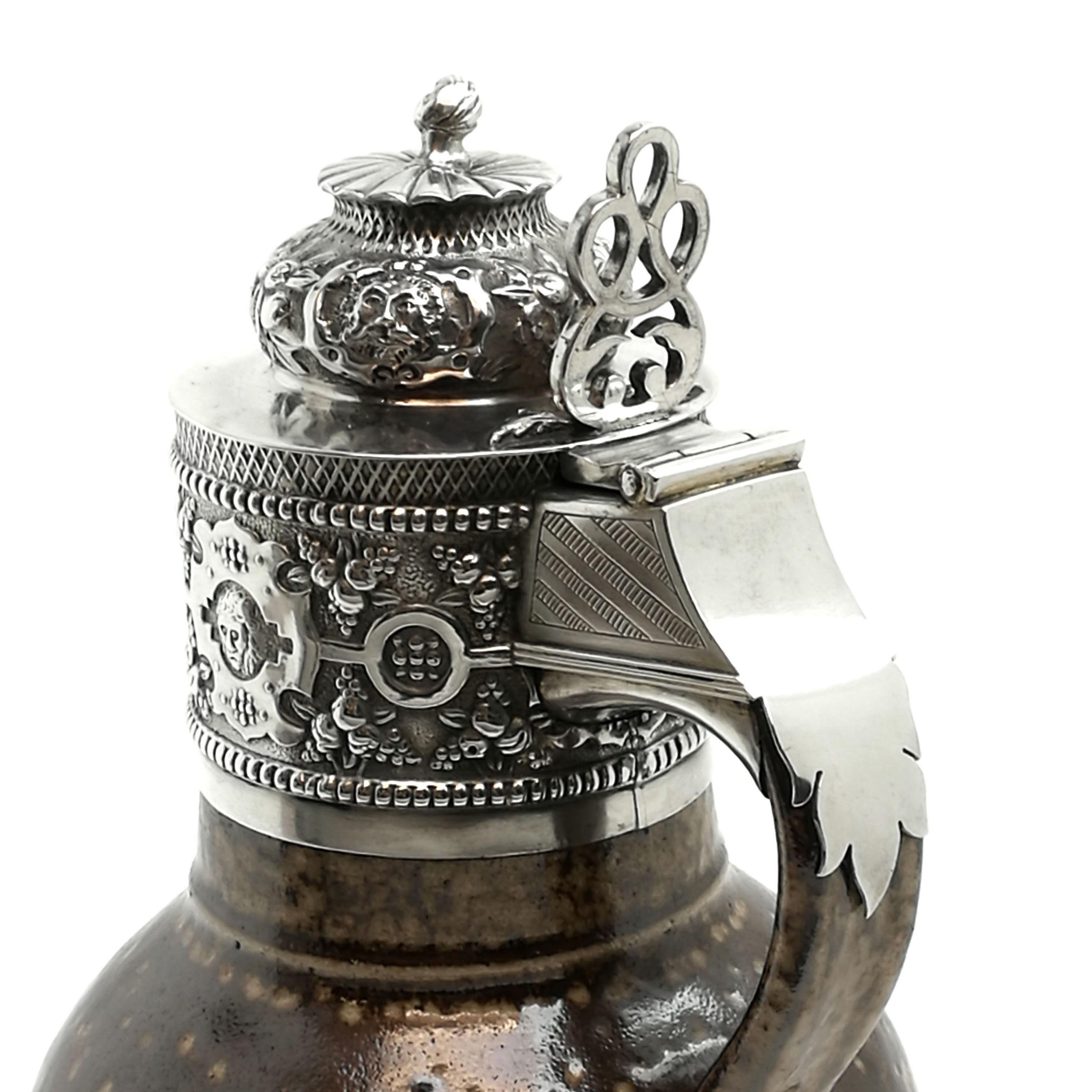 20th Century Sterling Silver Mounted Tigerware Jug 1920 Elizabethan, 16th-17th Century Style