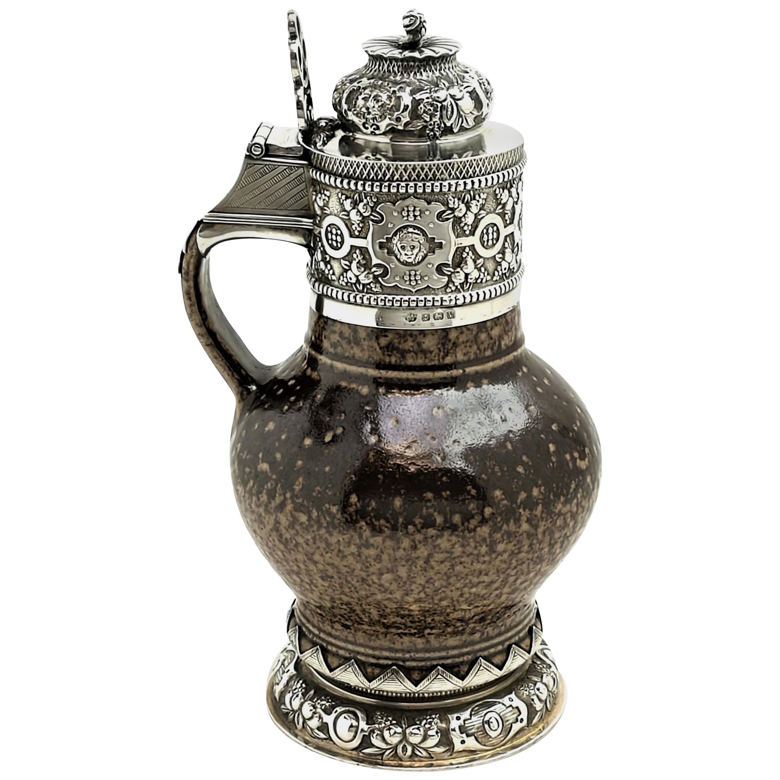 Sterling Silver Mounted Tigerware Jug 1920 Elizabethan, 16th-17th Century Style