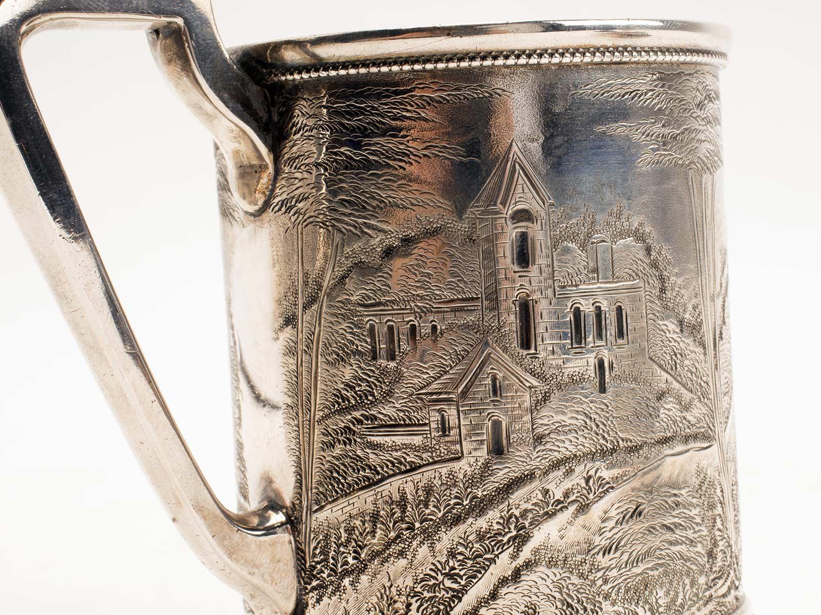 American Sterling Silver Mug, Embossed, Depicting Monuments and Architecture, USA, 1890
