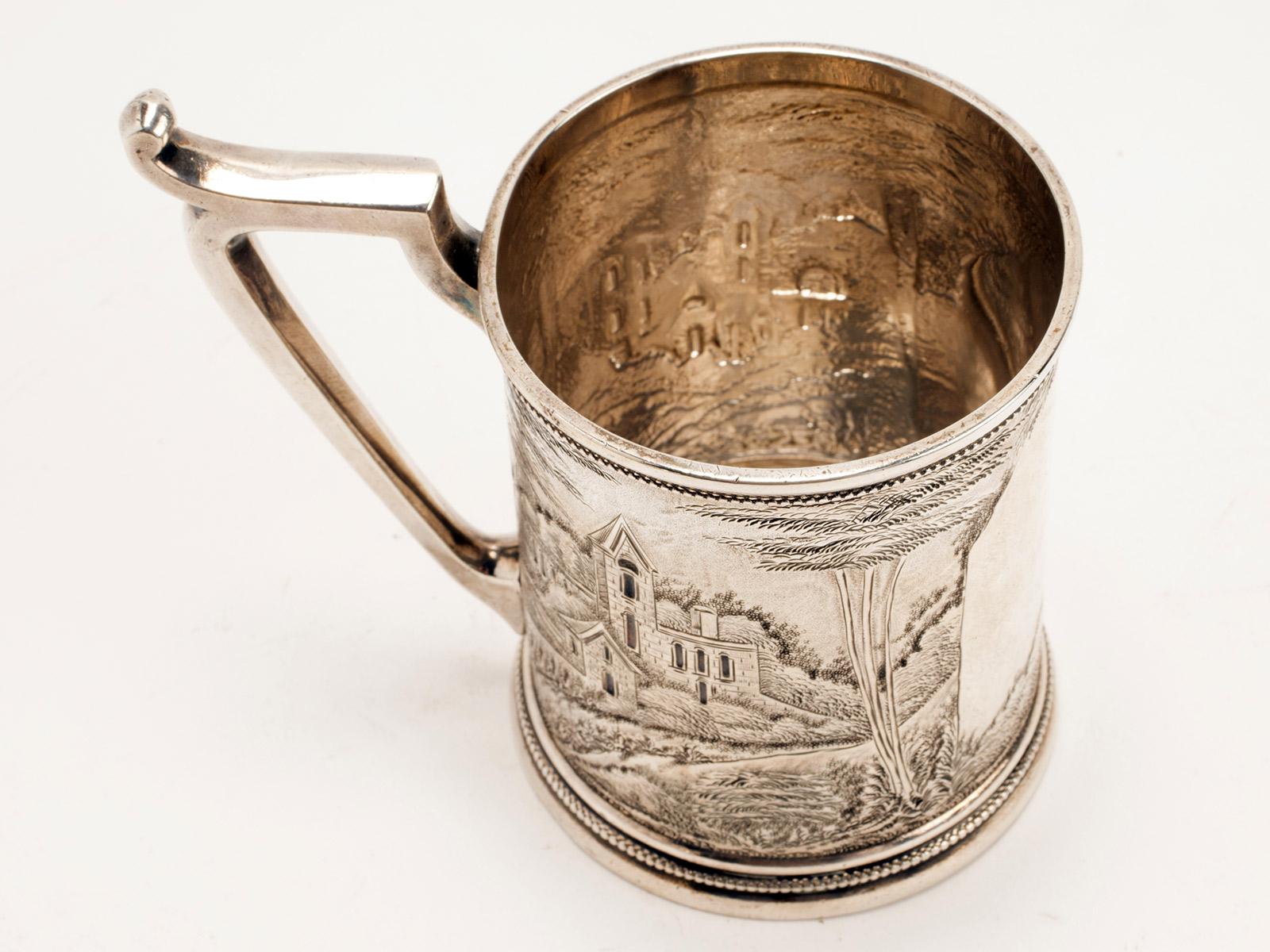 Late 19th Century Sterling Silver Mug, Embossed, Depicting Monuments and Architecture, USA, 1890