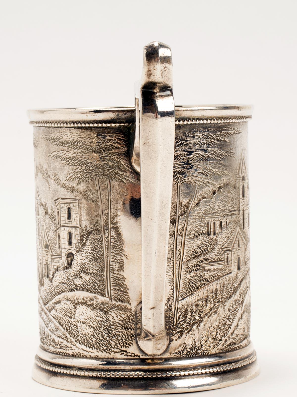 Sterling Silver Mug, Embossed, Depicting Monuments and Architecture, USA, 1890 1