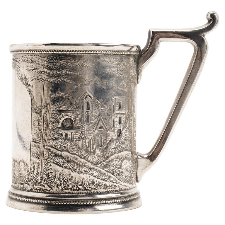 Sterling Silver Mug, Embossed, Depicting Monuments and Architecture, USA, 1890 For Sale