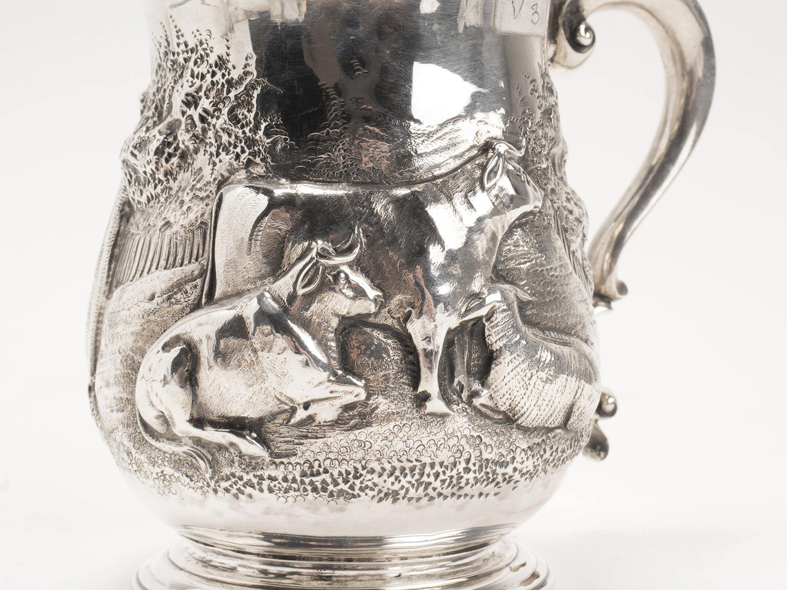 English Sterling silver mug, Henry Holland London depicting grazing cows, 1856. For Sale