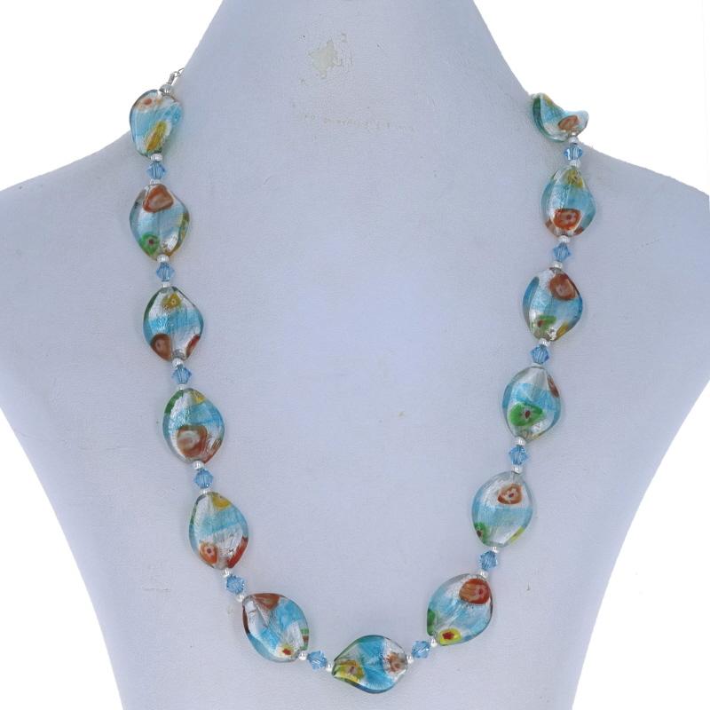 Sterling Silver Multi-Color Glass Floral Twist Beaded Necklace - 925 Adjustable In Excellent Condition In Greensboro, NC