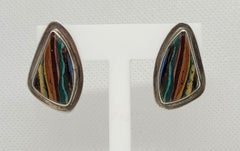 Sterling Silver Multi-Colored Inlay Friction Post Earrings, Designer, 21x33x6mm