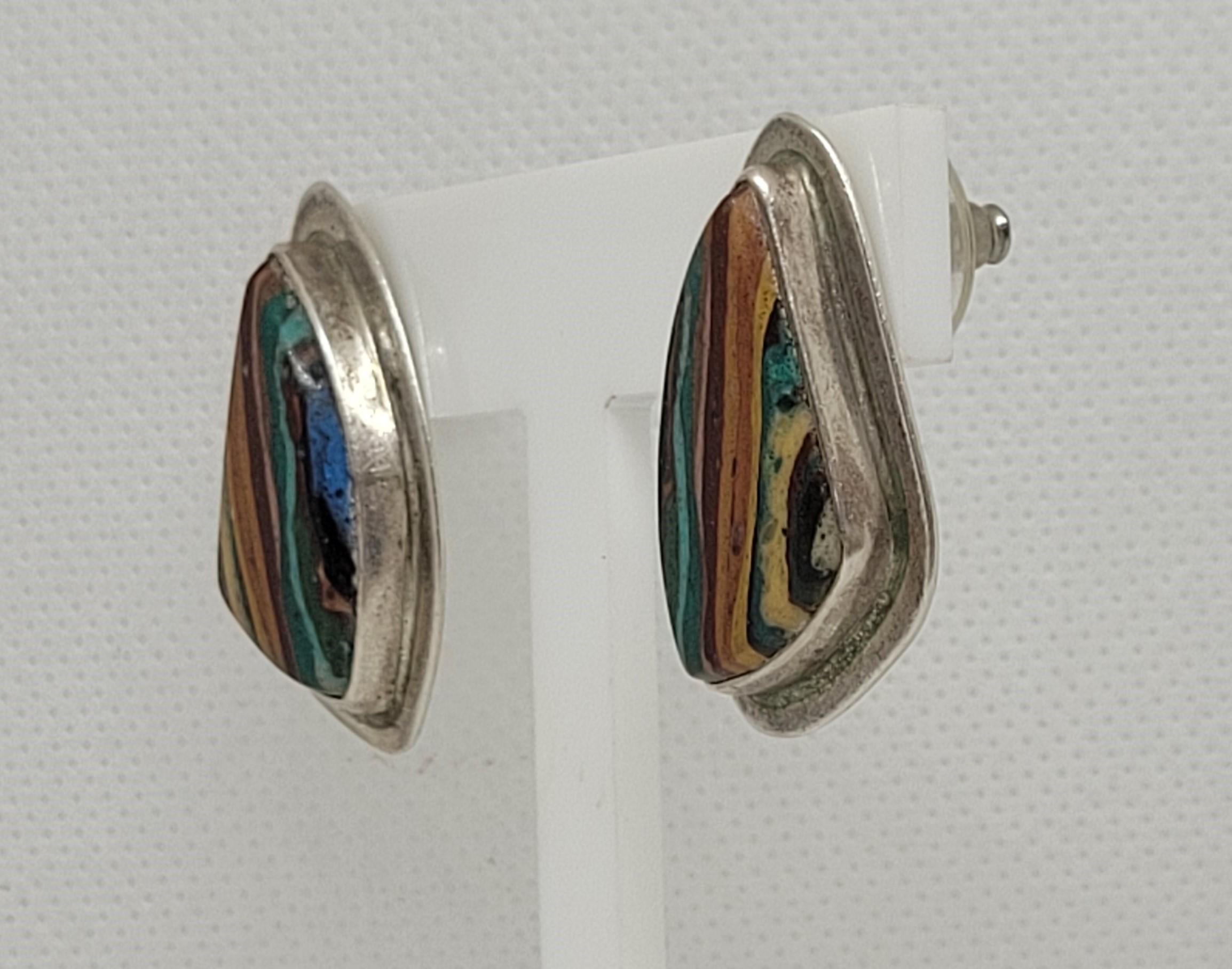 Pendientes de plata de ley con incrustación multicolor, de diseño, 21x33x6 mm Moderno en venta