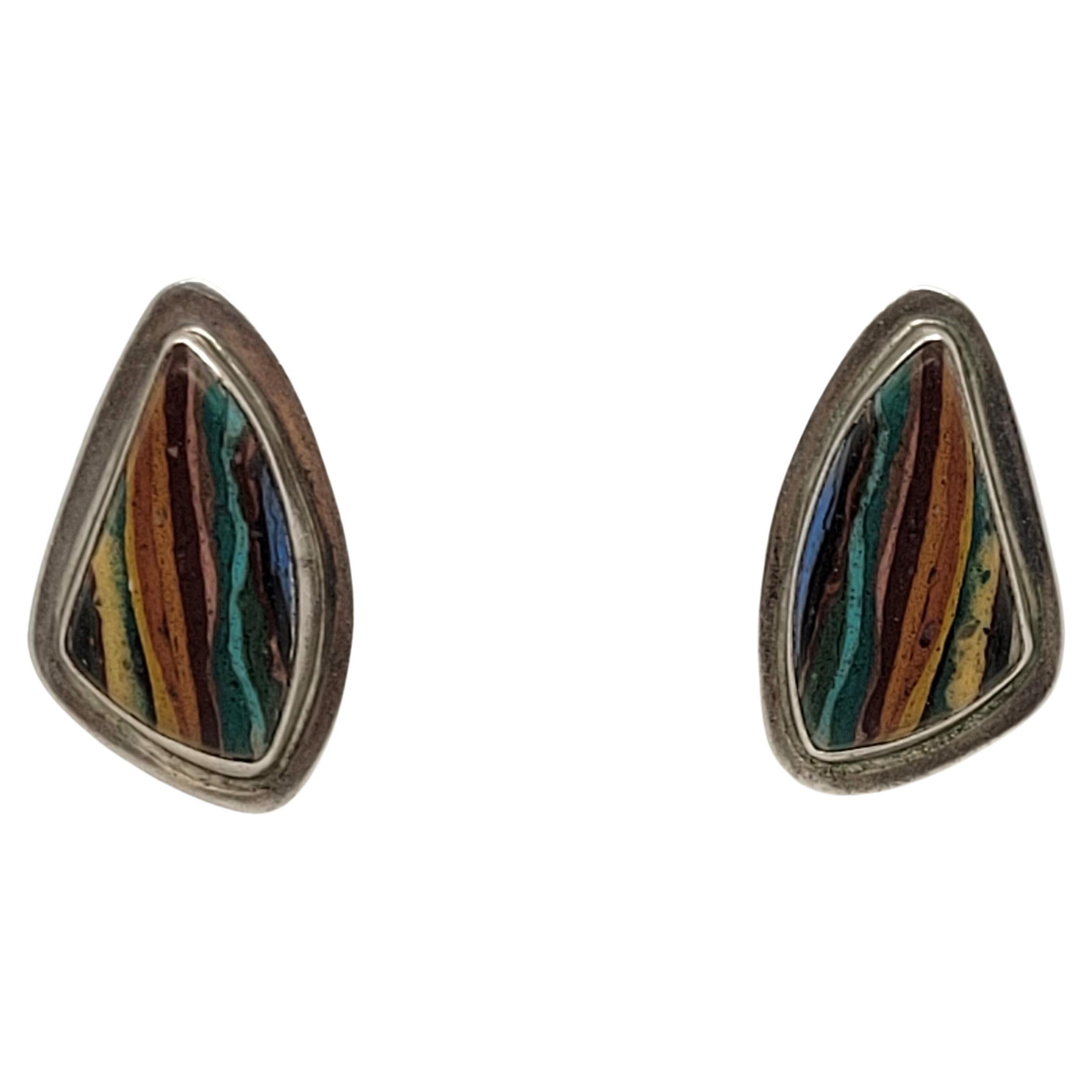 Sterling Silver Multi-Colored Inlay Friction Post Earrings, Designer, 21x33x6mm