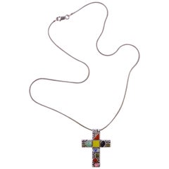 Sterling Silver Multi Coloured Gemstone Cross and Snake Chain Necklace