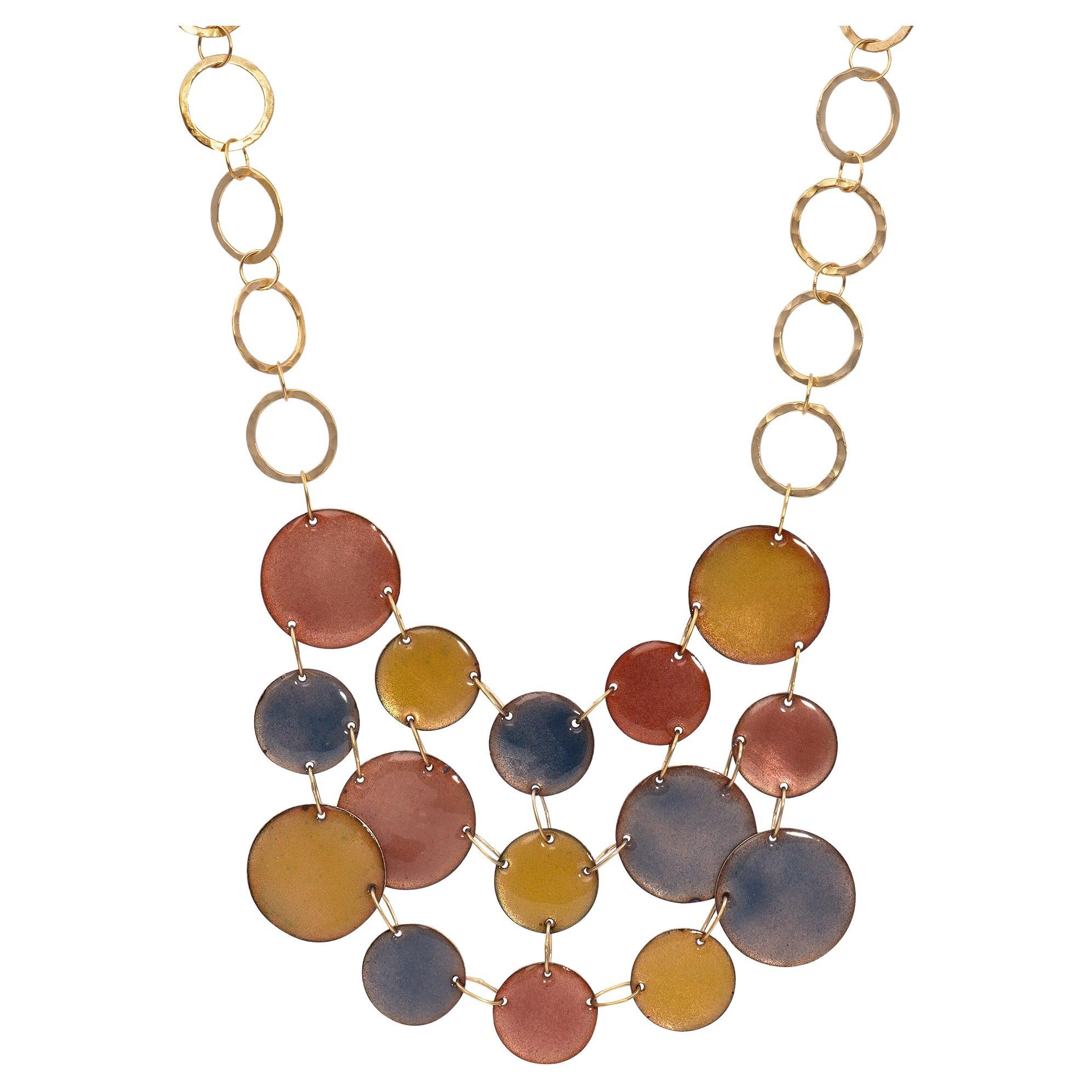 Gold Vermeil multi Hoop Bib Necklace with Hand painted Enamel Discs For Sale