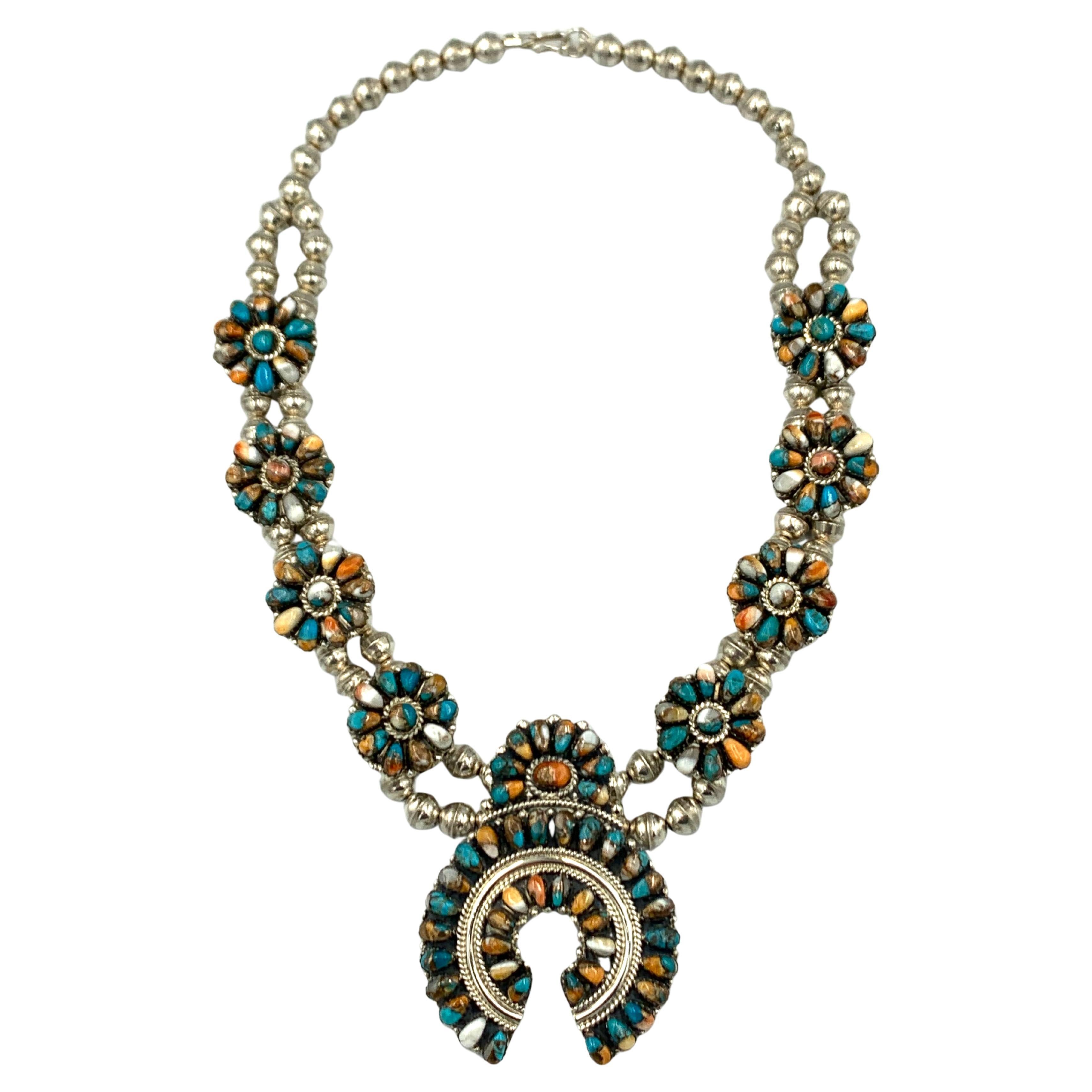 Sterling Silver Multi-stone Cluster Squash Blossom Necklace by Lorraine Waatsa