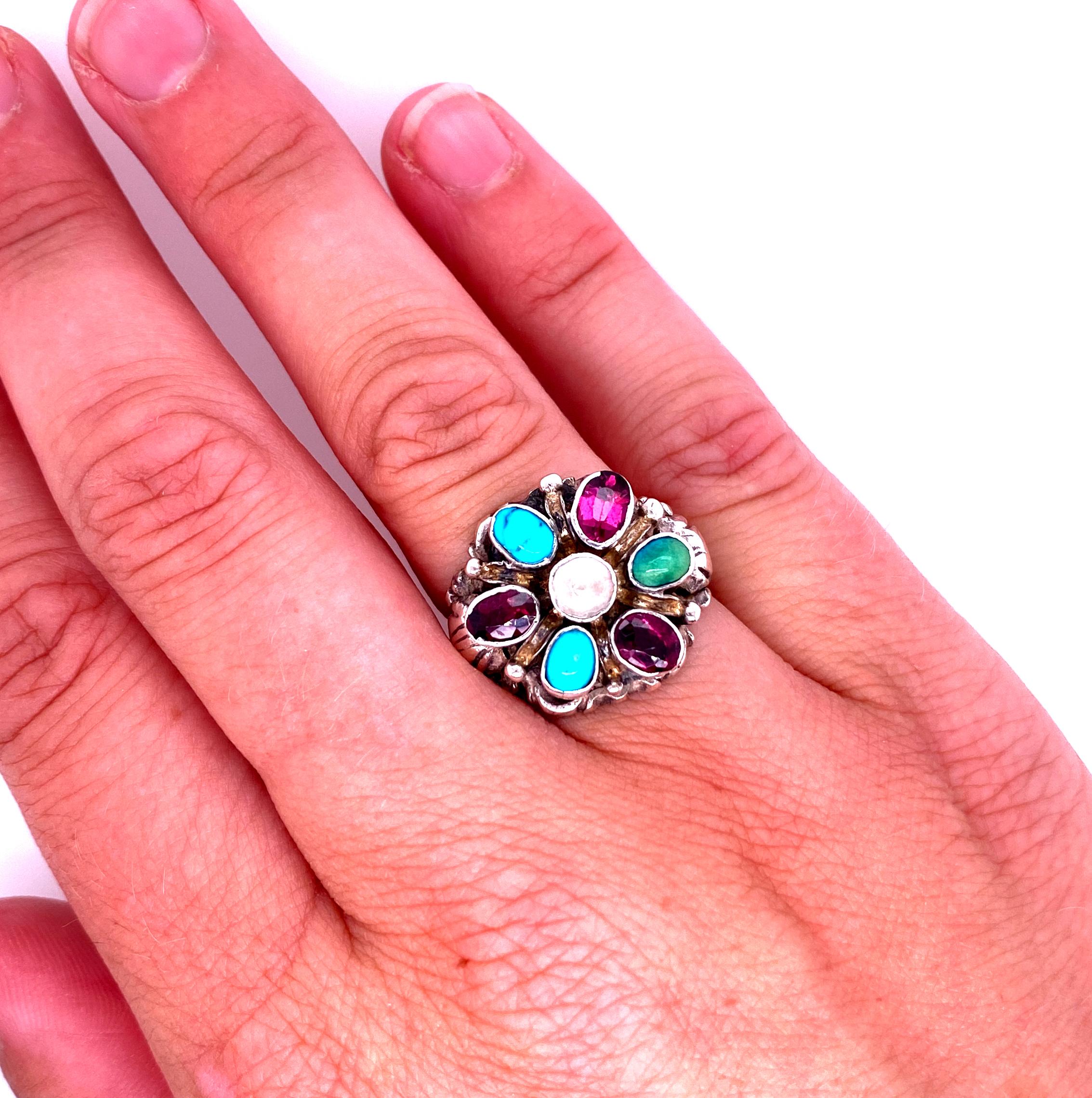 Oval Cut Sterling Silver Multi-Stone Flower Cluster Ring