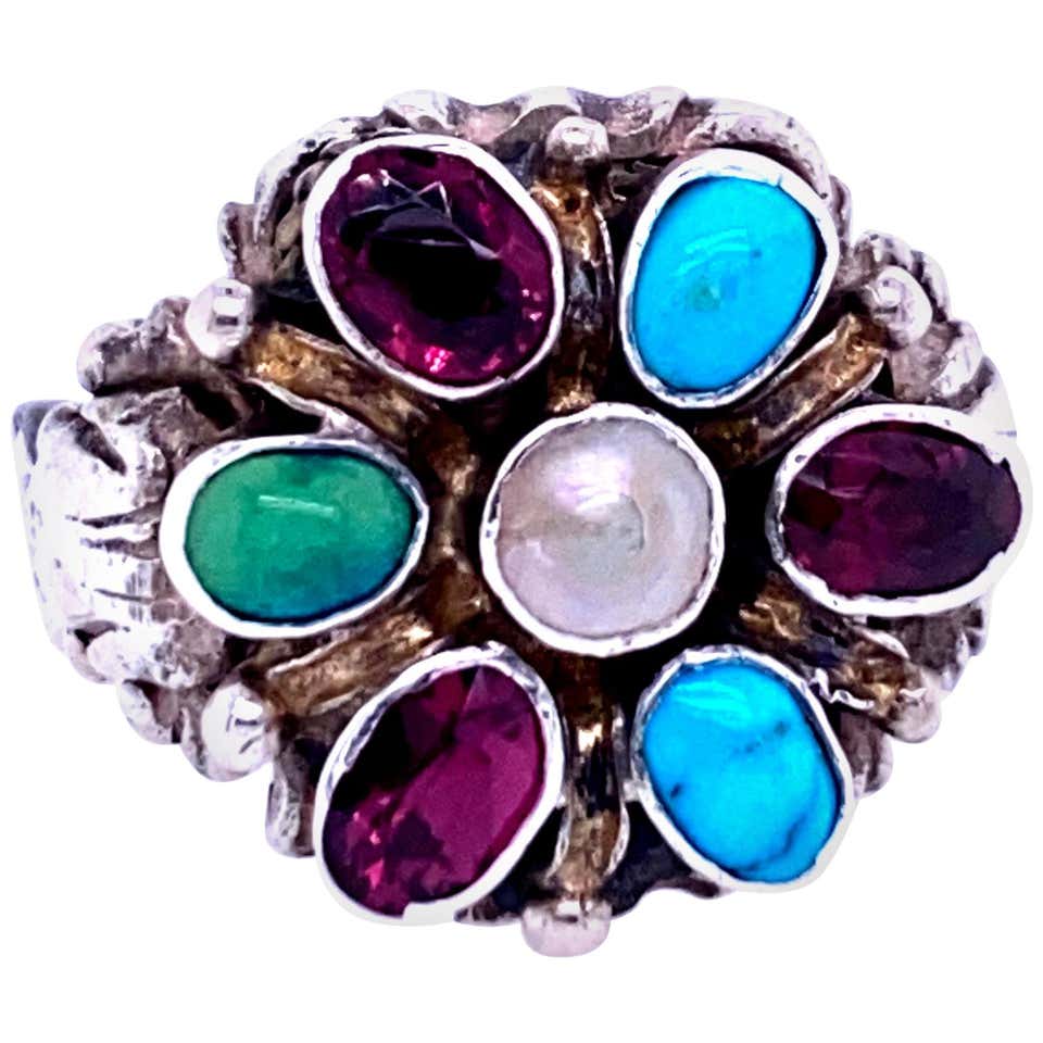 Sterling Silver Multi-Stone Flower Cluster Ring at 1stDibs