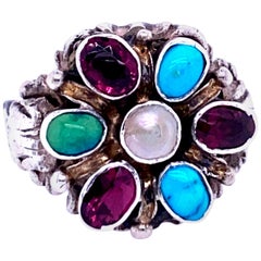 Vintage Sterling Silver Multi-Stone Flower Cluster Ring