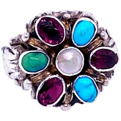 Retro Sterling Silver Multi-Stone Flower Cluster Ring