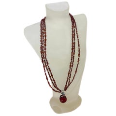 Sterling Silver Multi-Strand Garnet Necklace with Bakelite Pendant