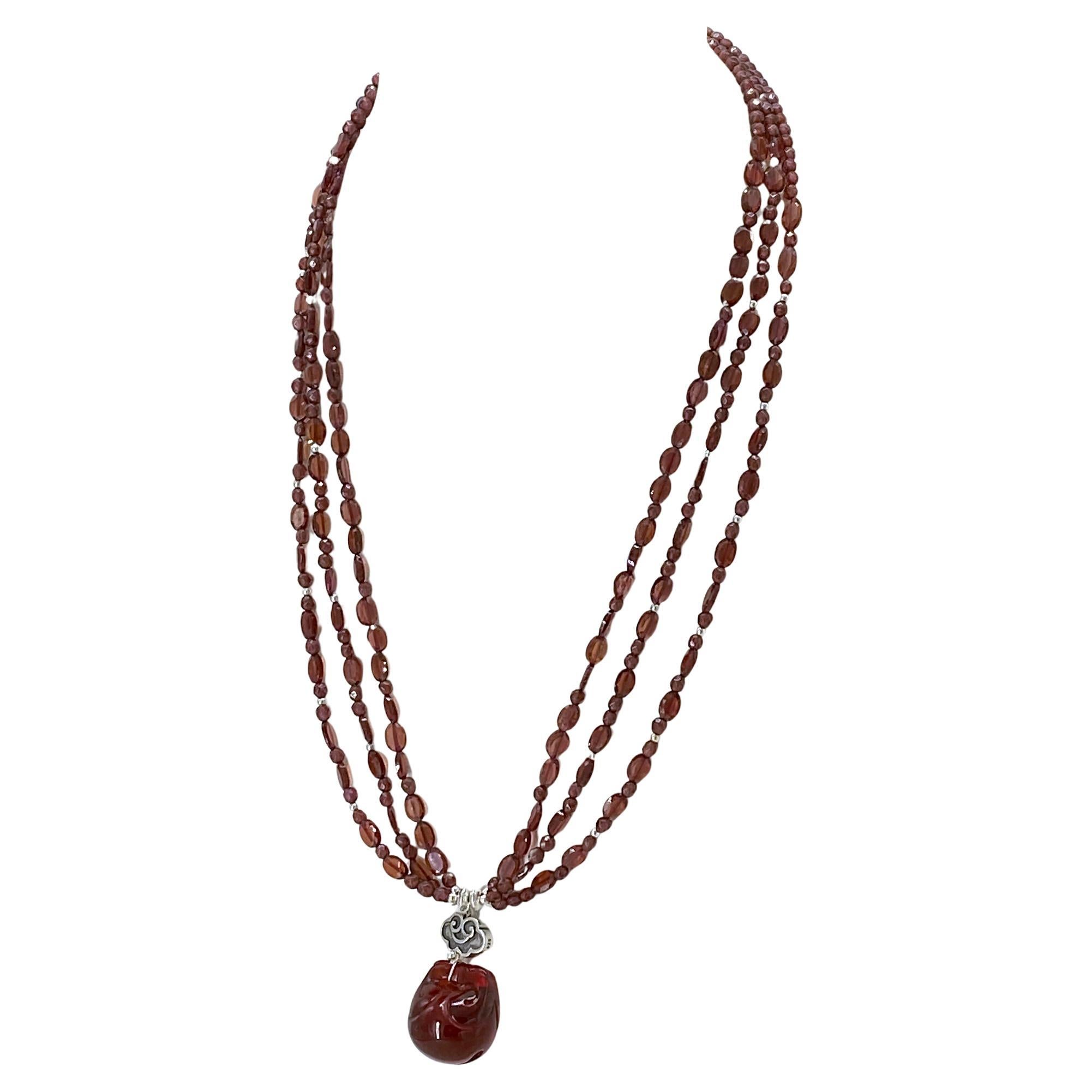 Sterling Silver Multi-Strand Garnet Necklace with Bakelite Pendant For Sale