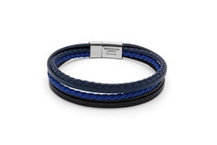 Sterling Silver, Multi Strand Leather Blue Bracelet - Medium