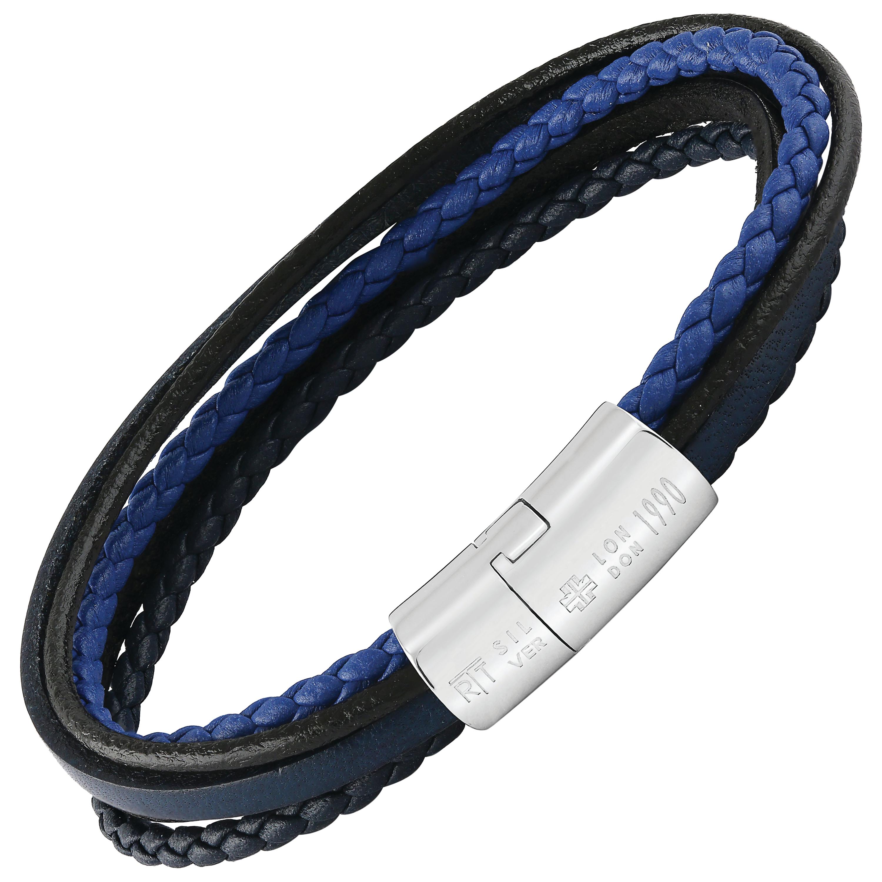 Sterling Silver, Multi Strand Leather Blue Bracelet - Medium