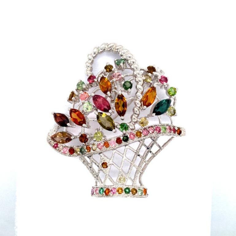 925 Sterling Silver Multi Tourmaline Flower Basket Brooch In New Condition For Sale In Houston, TX