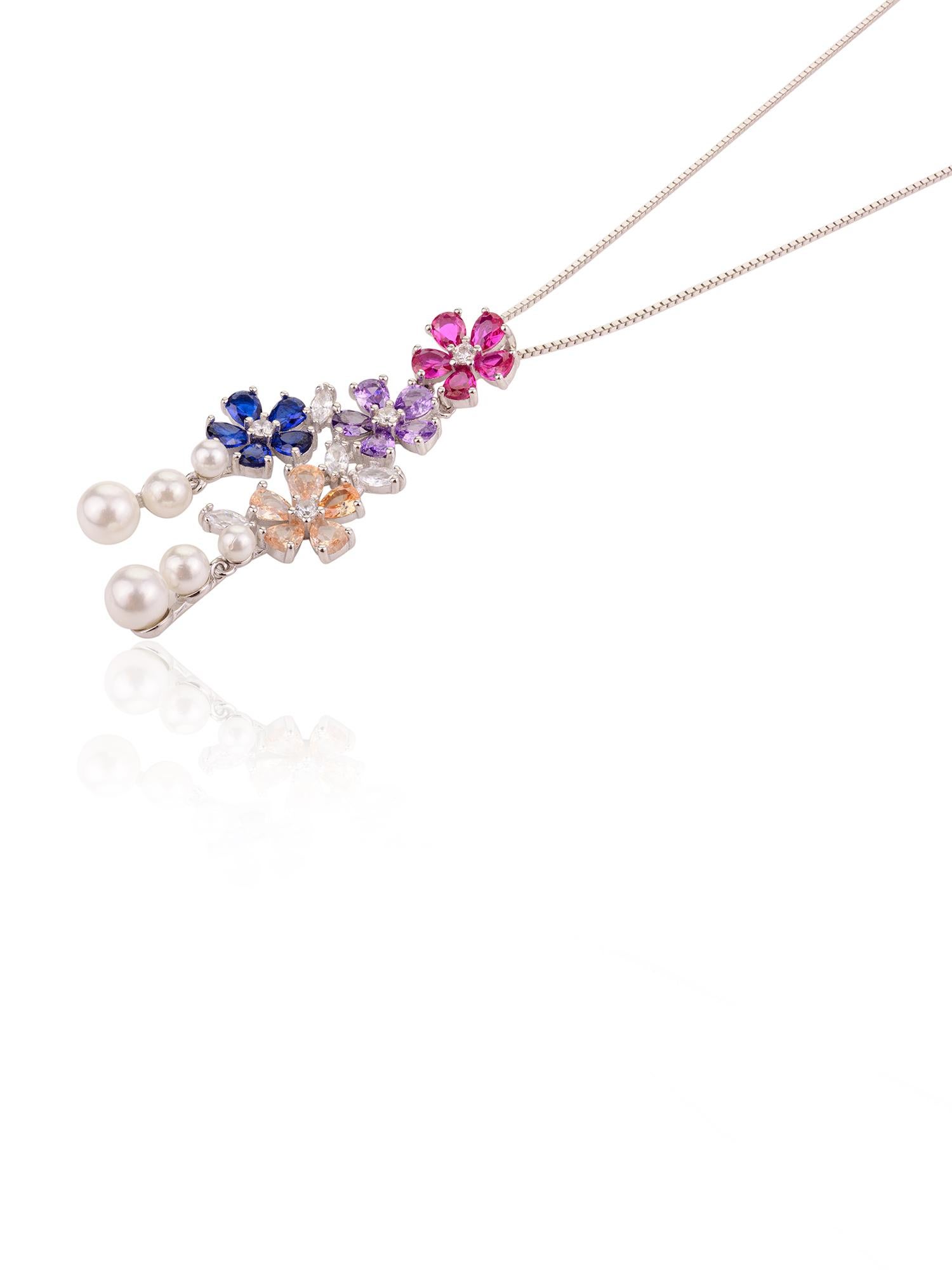 Multicolor Flower Pendant Chain Necklace in sterling silver. You shall need this floral pendant chain necklace to make a statement with your look. Each piece features dazzling cubic zirconia stones, renowned for their brilliance and clarity, set in