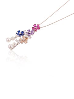 Sterling Silver Multicolor Flower Pendant Chain Necklace Birthday Gift for Wife