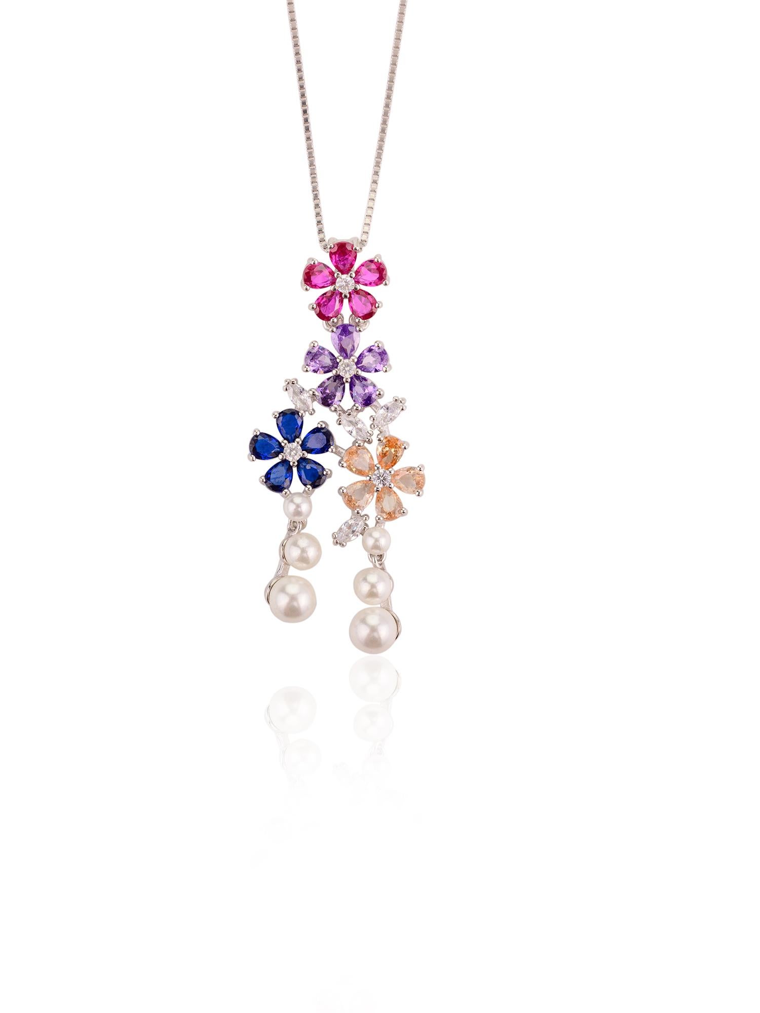 Modernist Sterling Silver Multicolor Flower Pendant Chain Necklace Birthday Gift for Mom For Sale