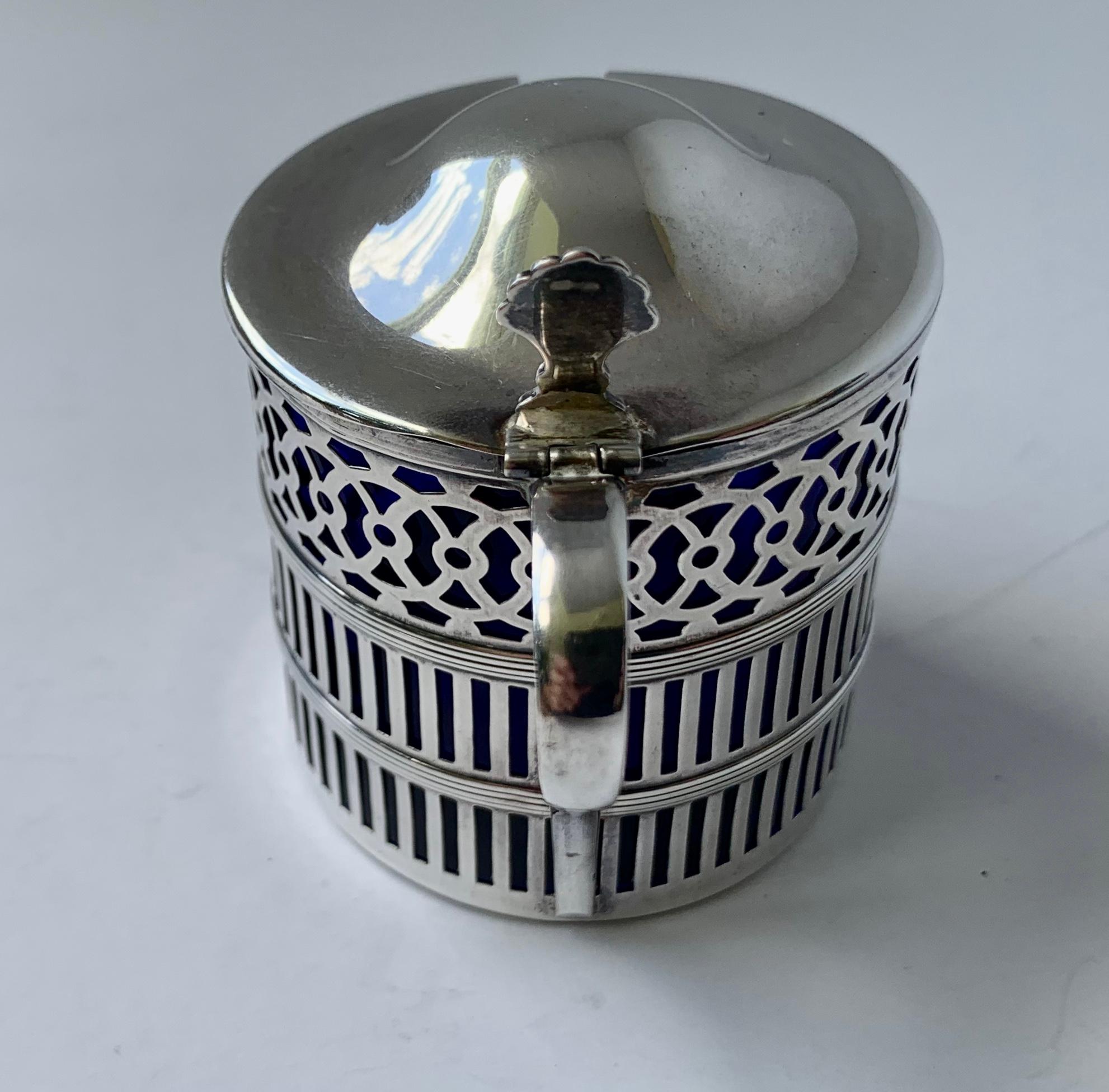 silver mustard pot & blue glass liner