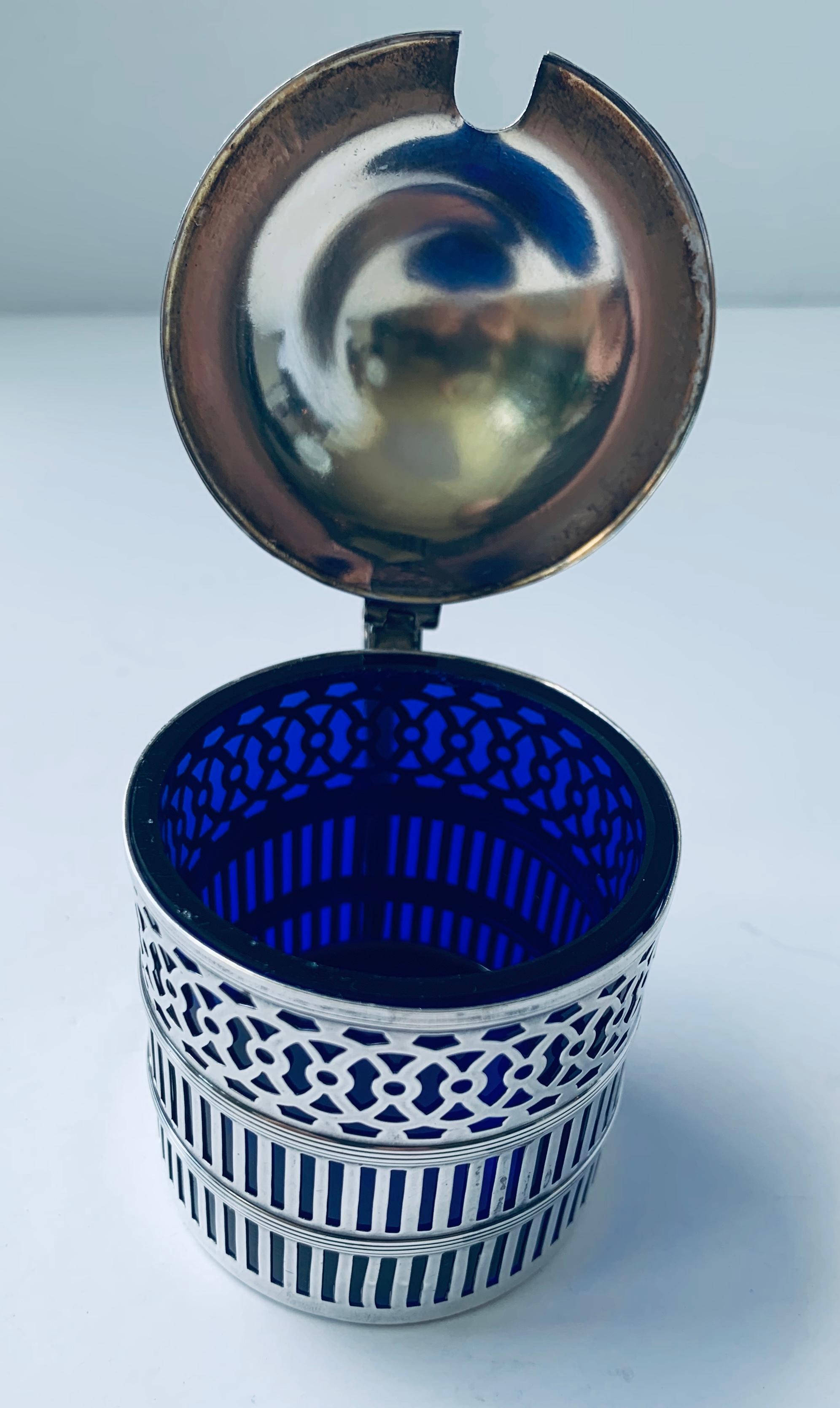 silver mustard pot with blue glass liner
