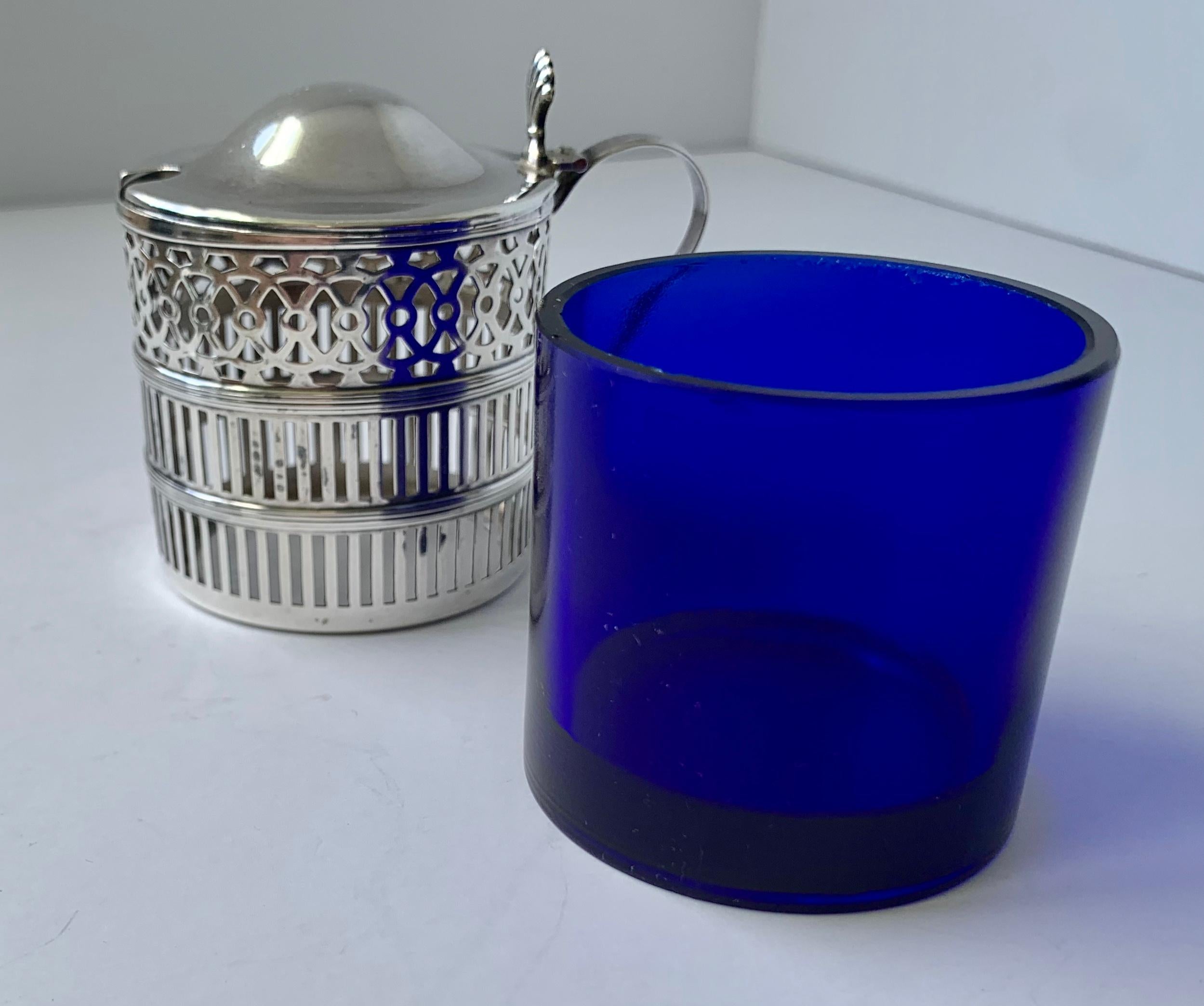 Hand-Crafted  Sterling Silver Mustard Pot with a Cobalt Blue Glass Liner by  Webster Co.
