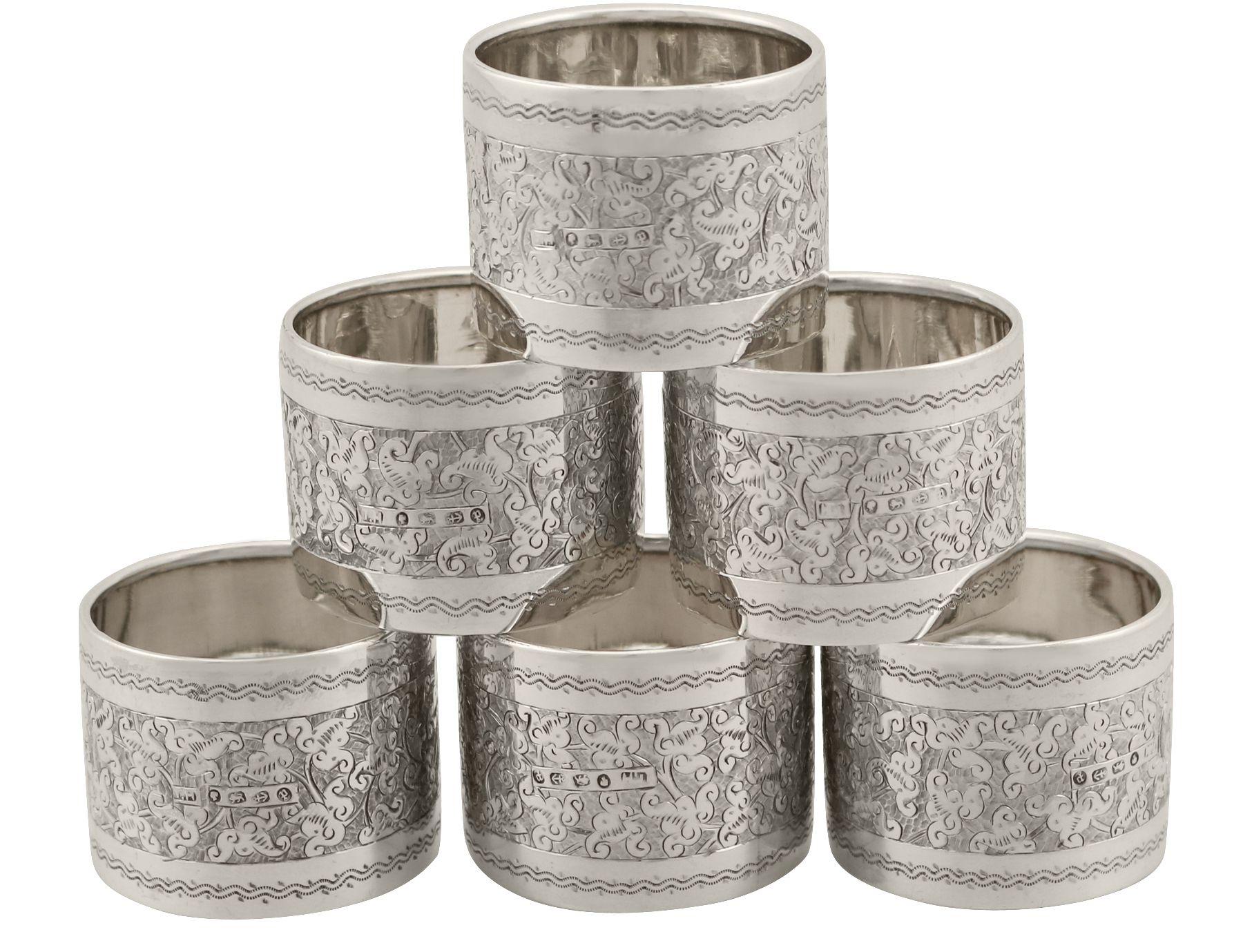 British 19th Century Sterling Silver Napkin Rings Set of Six Antique Victorian 1889