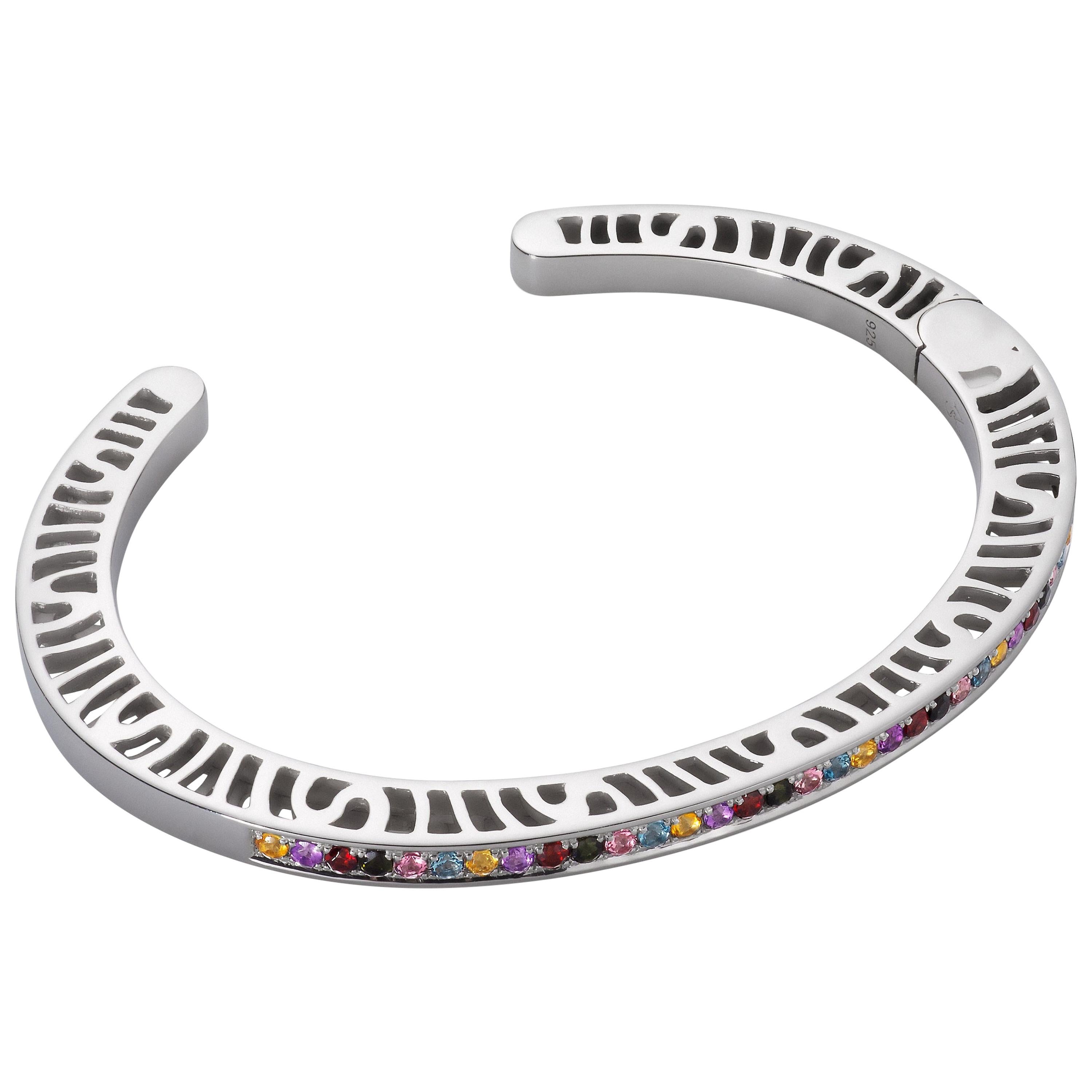 Sterling Silver Narrow Stacking Cuff with Multi-Color Gemstones