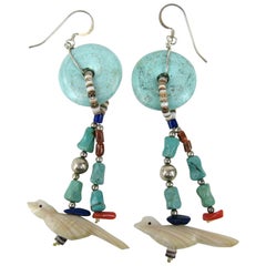 Retro Sterling Silver Native American Pawn Turquoise Fetish Bird Earrings 