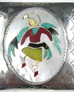 Sterling Silver Native American ZUNI Kachina Inlaid Belt Buckle