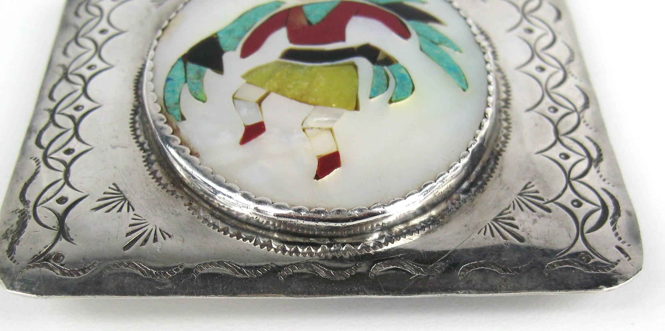 Women's or Men's Sterling Silver Native American ZUNI Kachina Inlaid Belt Buckle  For Sale