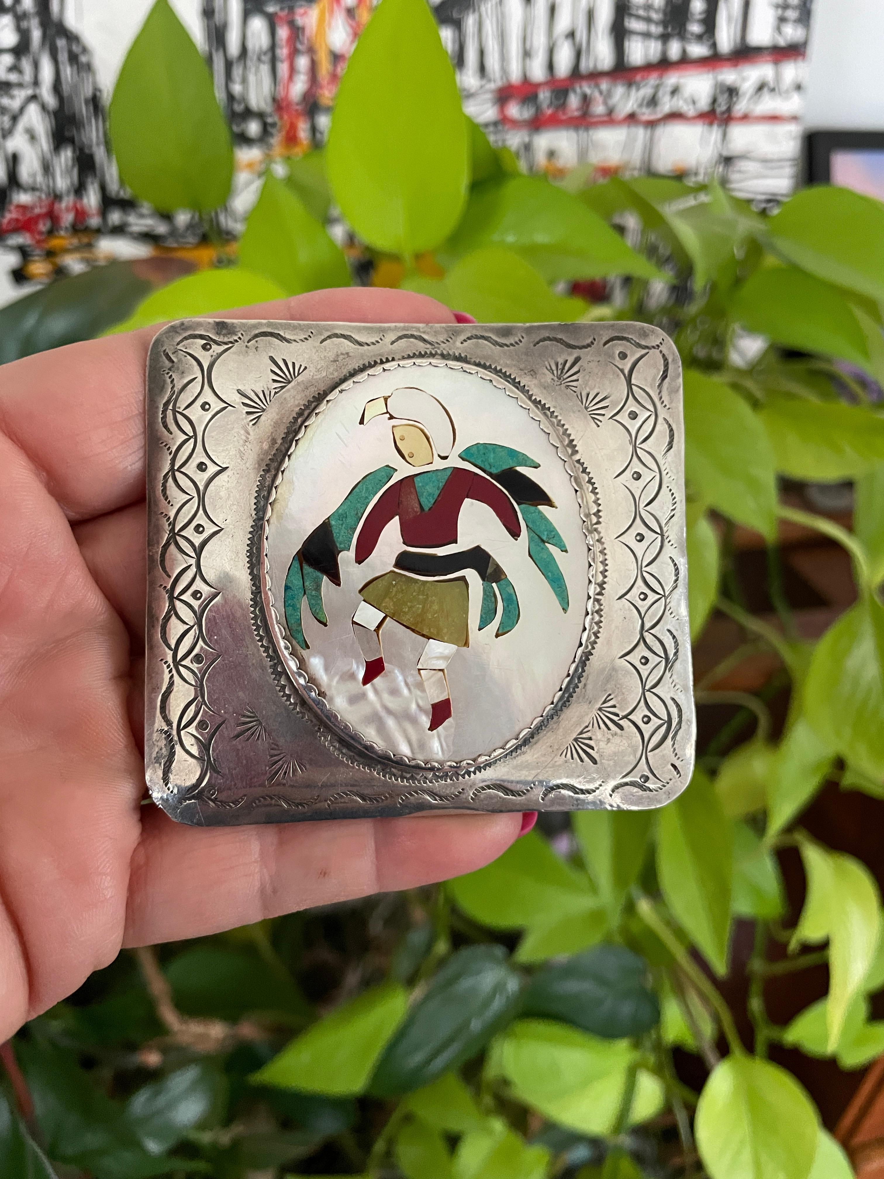 Sterling Silver Native American ZUNI Kachina Inlaid Belt Buckle  For Sale 2