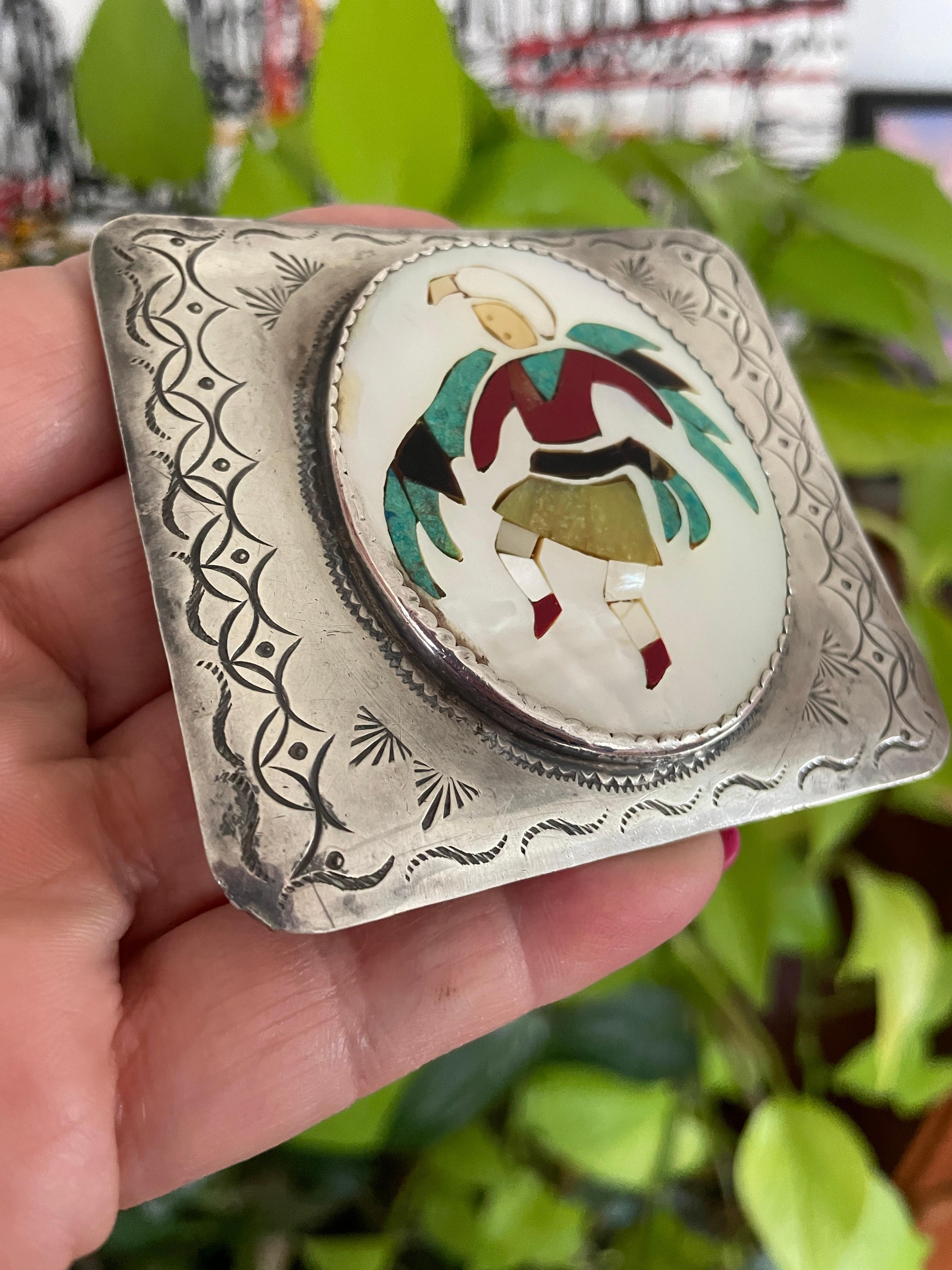 Sterling Silver Native American ZUNI Kachina Inlaid Belt Buckle  For Sale 3