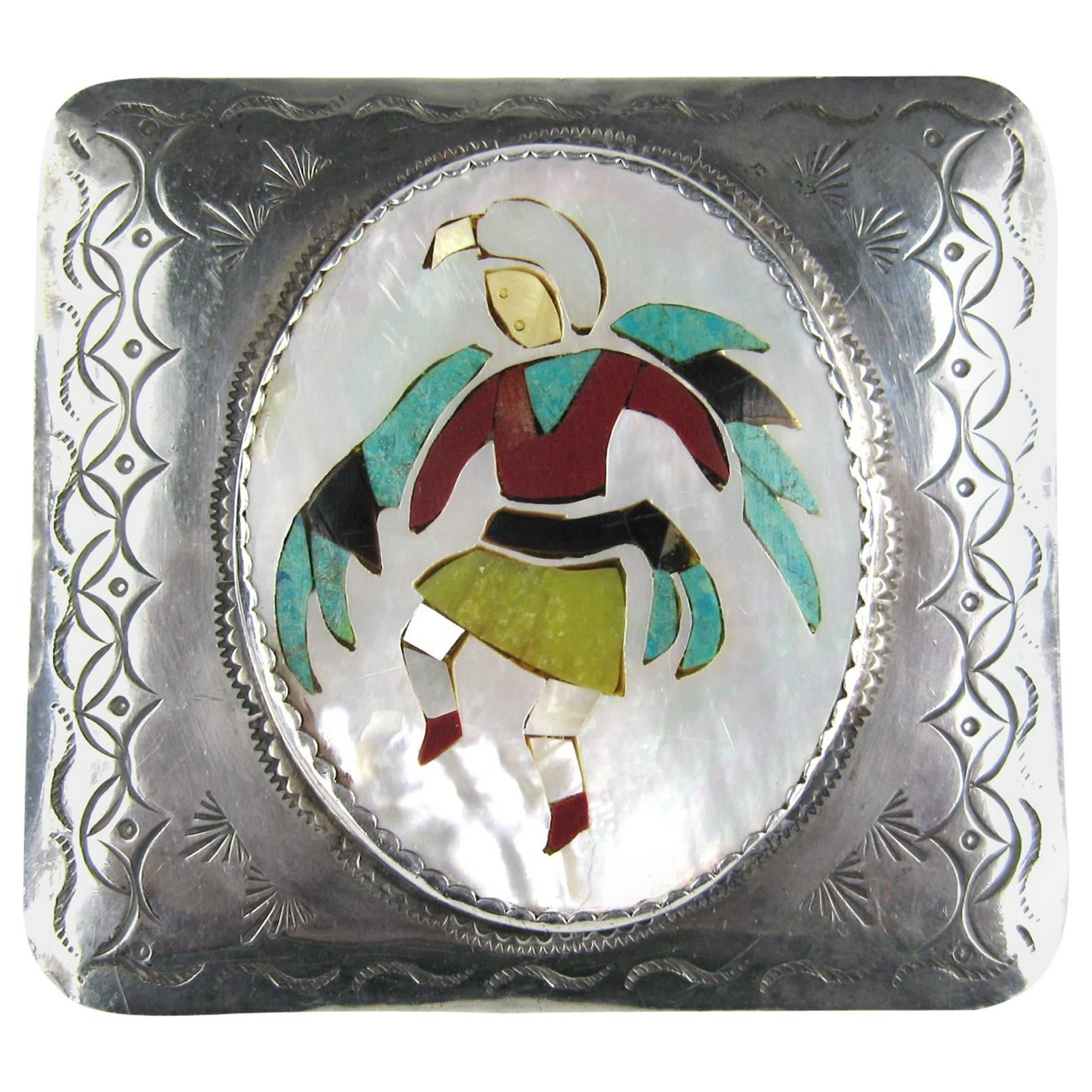 Boucle de ceinture amérindienne ZUNI Kachina incrustée en argent sterling