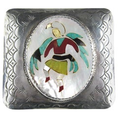 Boucle de ceinture amérindienne ZUNI Kachina incrustée en argent sterling